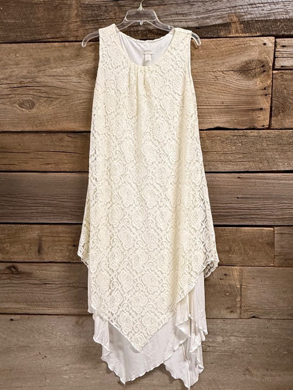 Chico's Lovely Lace Asymmetrical hem sleeveless dress, Off White, Chico size 1